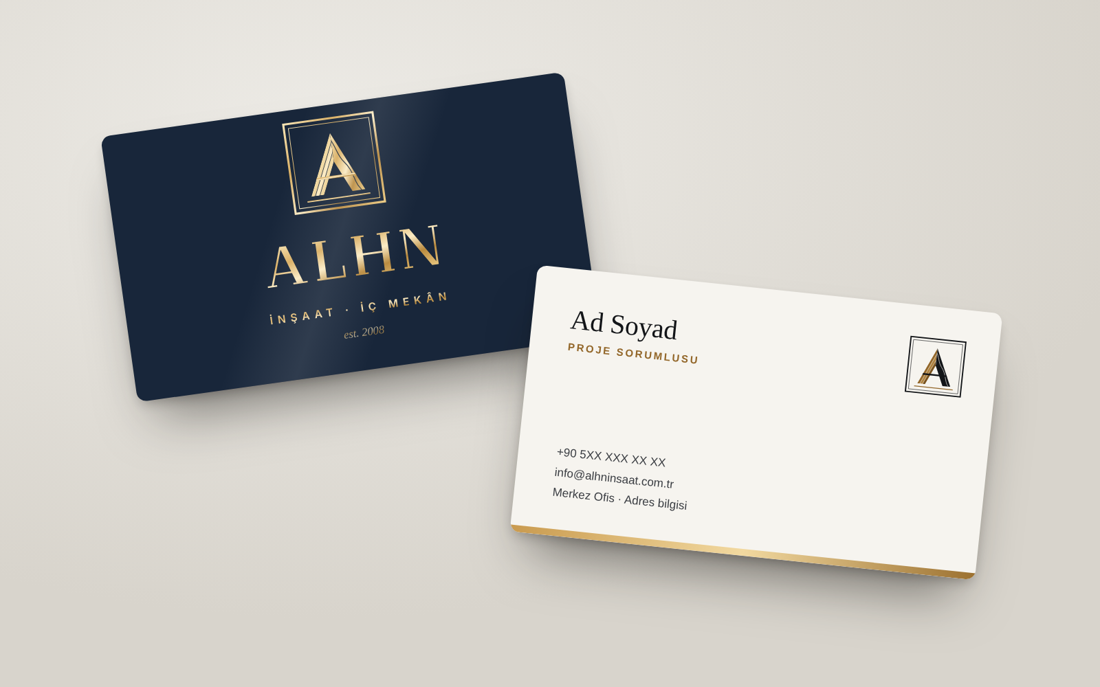 Lacivert ön yüzünde altın varak logo, krem arka yüzünde iletişim bilgileri olan ALHN kartviziti